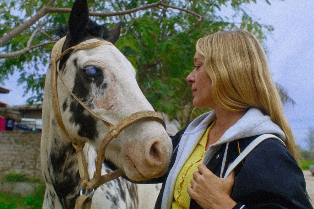 Záber z filmu Magic Farm režisérky Amalie Ulman: žena (Chloë Sevigny) s koňom
